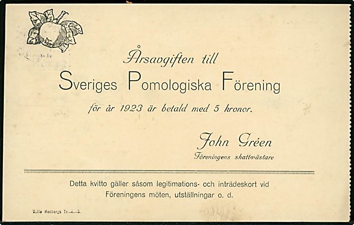 40 öre Gustaf single på anbefalet brevkort med postopkrævning annulleret Experimentalfältet d. 26.1.1923 til Odense, Danmark. Medlemskontingent til Sveriges Pomologiska Förening. 