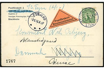 5 öre Gustaf single på brevkort med postopkrævning fra Stockholm d. 1.5.1916 til Esbjerg, Danmark - eftersendt til Odense. Porto for postopkrævning indregnet i opkrævningsbeløbet.   Medlemskontingent til Sveriges Pomologiska Förening. 