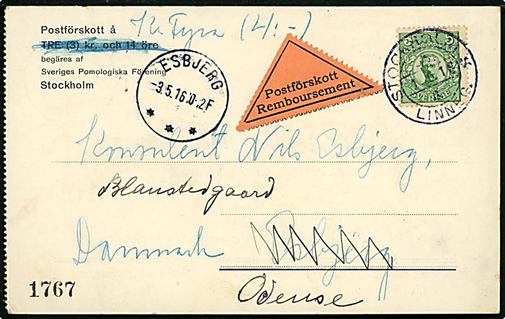 5 öre Gustaf single på brevkort med postopkrævning fra Stockholm d. 1.5.1916 til Esbjerg, Danmark - eftersendt til Odense. Porto for postopkrævning indregnet i opkrævningsbeløbet.   Medlemskontingent til Sveriges Pomologiska Förening. 
