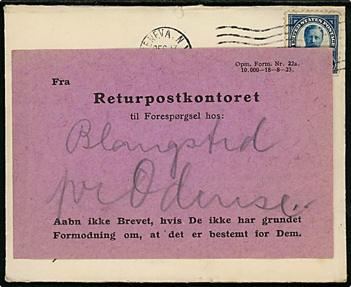 Amerikansk 5 cents Roosevelt på brev fra Geneva, N.Y. d. 17.12.1923 til Esbjerg, Danmark. Ubekendt med stempel: Ubekendt i Esbjerg, Opraabt f. Budene. og forespurgt på Blangstedgaard pr. Odense. 