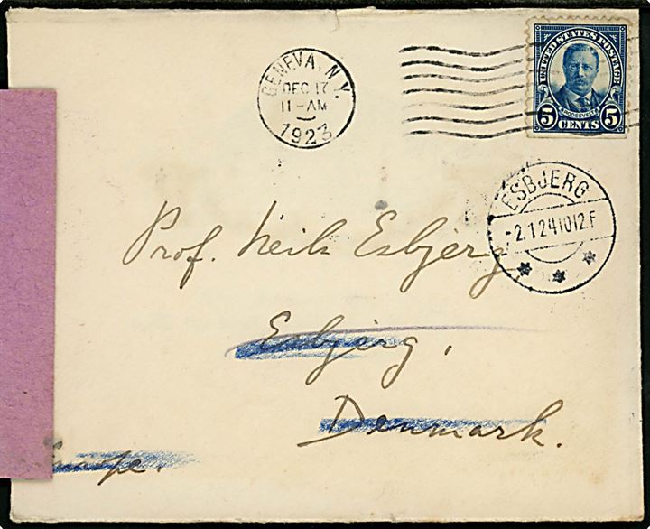 Amerikansk 5 cents Roosevelt på brev fra Geneva, N.Y. d. 17.12.1923 til Esbjerg, Danmark. Ubekendt med stempel: Ubekendt i Esbjerg, Opraabt f. Budene. og forespurgt på Blangstedgaard pr. Odense. 