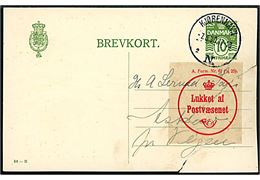 10 øre helsagsbrevkort (fabr. 96-H) med afrevet hjørne fra Kjøbenhavn d. 7.6.1930 til Askov pr. Vejen. Kortet samlet med pergamyn etiket A.Form. Nr. 61 (1/5 25). - Lukket af Postvæsenet.