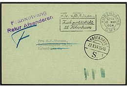 Ufrankeret lokalt tryksagskort i København d. 22.3.1954. Retur med stempel Frankotvang / Retur Afsenderen.