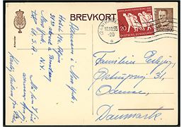 20 øre Fr. IX helsagsbrevkort (fabr. 186) opfrankeret med tysk 20 pfg. 10 år for Tvangsflytning annulleret Hamburg d. 10.10.1955 til Odense, Danmark.