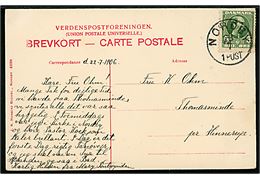 5 øre Chr. IX på brevkort (Fanø klitparti) annulleret med lapidar Nordby d. 23.7.1906 til Hinnerup.