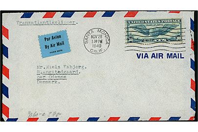 30 cents Winged Globe på luftpostbrev fra Santa Monica d. 28.11.1940 til Odense, Danmark. Åbnet af tysk censur.