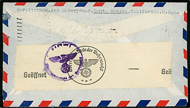 30 cents Winged Globe på luftpostbrev fra Santa Monica d. 28.11.1940 til Odense, Danmark. Åbnet af tysk censur.