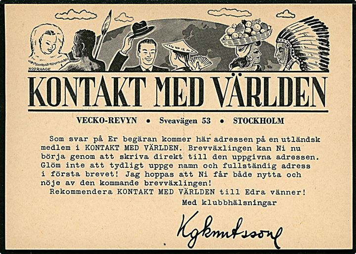 Norrhage: Tegnet kort fra Vecko-Revyn Kontakt med Världen. Anvendt på 25. Esperantokongressen i Düsseldorf 1952. 