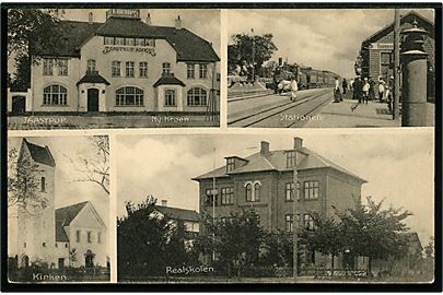 Taastrup med Jernbanestationen, Kroen, Kirken og Realskolen. A. Nielsen - H. Schmidt no. 27095.