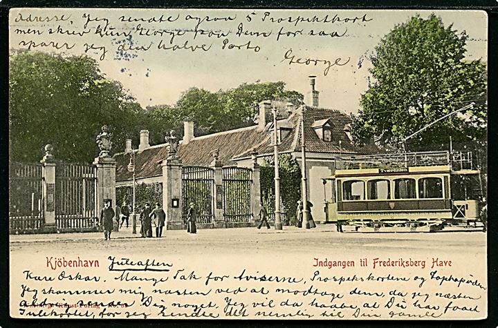 Købh., Indgangen til Frederiksberg Have med sporvogn Tværlinien. Warburgs Kunstforlag no. 52.