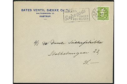 15 øre Chr. X på lokalbrev annulleret med TMS Indskriv Rejsegods dagen før rejsen / København OMK. d. 9.8.1947.