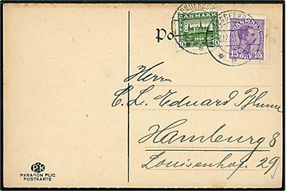 10 øre Genforening og 15 øre Chr. X på brevkort annulleret brotype IIb Sønderborg sn1 d. 8.12.1921 til Hamburg, Tyskland.