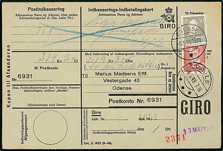 20 øre Fr. IX og 50 øre Chr. X på retur Indkasserings-Indbetalingskort annulleret Odense * d. 5.5.1949 til Vejle.