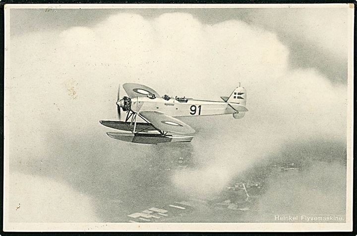 Marinens Heinkel HE 8 (H.M.II) no. 91. A/S Nordisk Luftfoto no. M10. Frankeret med 10 øre Bølgelinie og sendt fra menig ombord på panserskibet Peder Skram i København d. 13.11.1934 til Ærøskøbing.