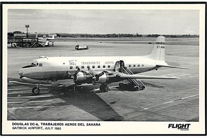 Douglas DC-6 EC-AVA Trabajeros Aereos del Sahara i Gatwick Airport 1965. Flight International u/no.