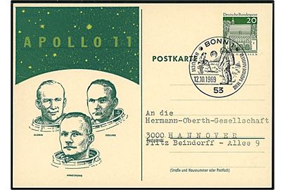 20 pfg. illustreret helsagsbrevkort med de tre Apollo 11 medlemmer annulleret med særstempel i Bonn d. 12.10.1969.