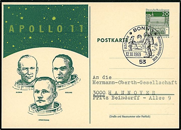 20 pfg. illustreret helsagsbrevkort med de tre Apollo 11 medlemmer annulleret med særstempel i Bonn d. 12.10.1969.