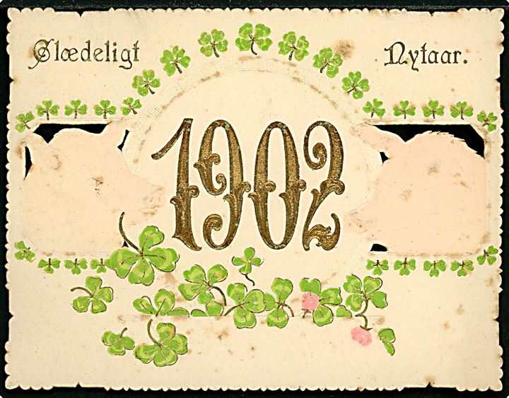1902 - Glædeligt Nytaar. Relief årstalskort med grise. U/no.