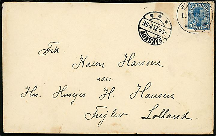 20 øre Chr. X på brev annulleret med brotype IIIb Vester-Karleby d. 5.4.1921 via Nakskov d. 5.4.1921 til Frejlev. Brotype stempel benyttet ca. 1½ år senere end registreret af Vagn Jensen.