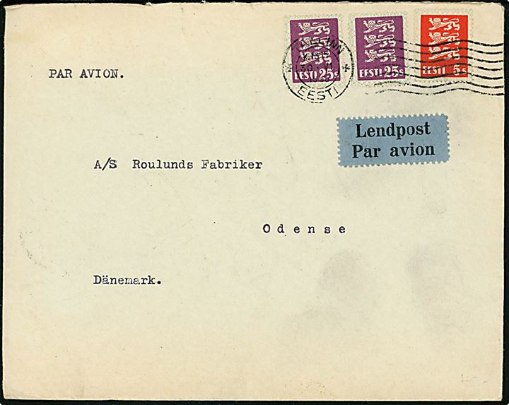 5 s. og 25 s. (2) Løve på 55 s. frankeret luftpostbrev fra Tallinn d. 30.6.1935 via sejlende bureau Kjøbenhavn - Malmø Post2 d. 1.7.1935 til Odense, Danmark.