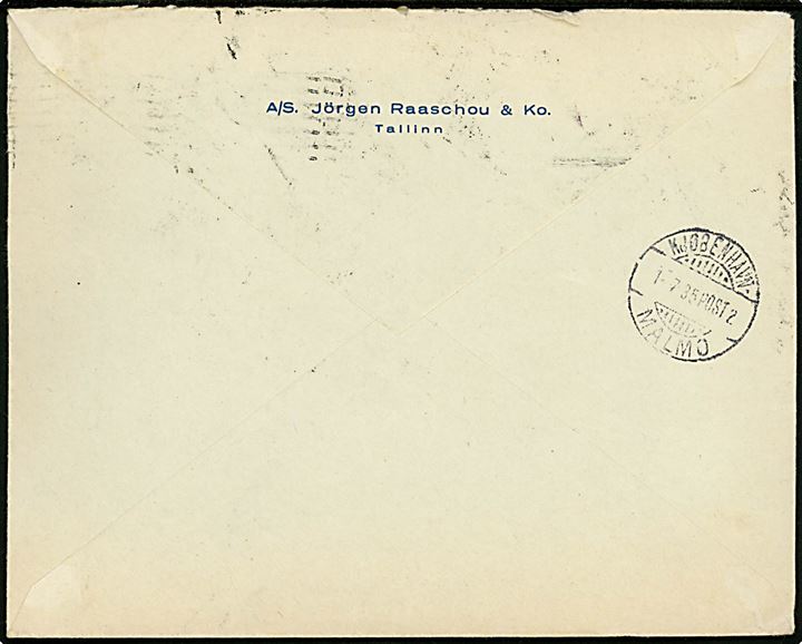 5 s. og 25 s. (2) Løve på 55 s. frankeret luftpostbrev fra Tallinn d. 30.6.1935 via sejlende bureau Kjøbenhavn - Malmø Post2 d. 1.7.1935 til Odense, Danmark.