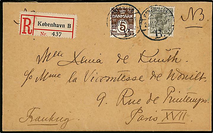 5 øre Bølgelinie og 50 øre Chr. X på anbefalet brev fra København B. d. 29.11.1926 til Paris, Frankrig.