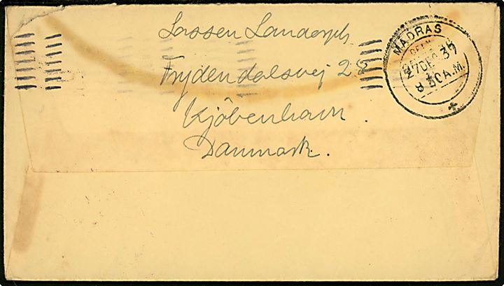 30 øre Karavel single på brev fra København  d. 7.11.1939 til Madras, Indien. Indisk censurstempel Passed Censor /22 og på bagsiden ank.stemplet i Madras d. 27.12.1939.