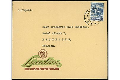 40+5 øre Frihedsfonden single på illustreret firmakuvert fra Lundtex i Haslev d. 17.7.1948 til Grosserer Knud Lundbeck på Hotel Albert I i Bruxelles, Belgien.