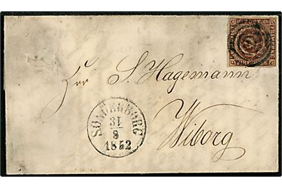 4 R.B.S. Ferslew med fuld rand på brev annulleret med stumt stempel og sidestemplet antiqua Sønderborg d. 31.8.1852 til Viborg. Del af dato omvendt. Brev nusset med skade på forsiden.