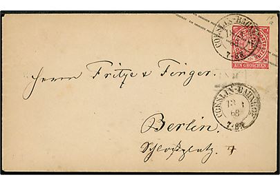 Norddeutscher Postbezirk. 1 gr. helsagskuvert fra Coeslin Bahnhof d. 13.1.1868 til Berlin. 