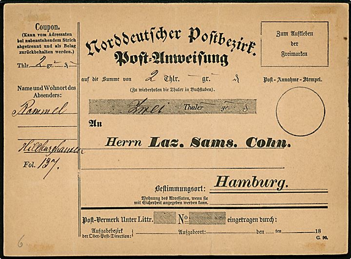 Norddeutscher Postbezirk. Postanvisning formular C.90 delvist udfyldt. Lodret fold.
