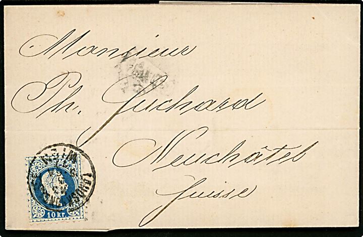 10 kr. Franz Joseph på brev fra Wien d. 13.5.1877 til Neuchatel, Schweiz.
