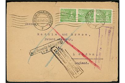 10 pfg. Berlin udg. i 3-stribe på brev fra Berlin-Charlottenburg 2 d. 3.9.1949 til London, England. Retur pga. utilstrækkelig adresse med flere britiske stempler. 