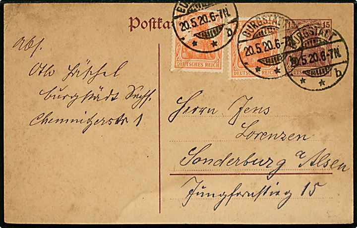 15 pfg. helsagsbrevkort opfrankeret med 7½ pfg. Germania (2) fra Burgstädt d. 20.5.1920 til Sønderborg. Indgående brevkort til Slesvig i afstemningsperioden.