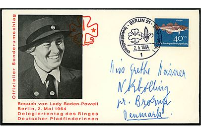 40+20 pfg. velgørenhed på illustreret spejderkuvert i anledning af Lady Baden-Powell's besøg i Berlin d. 2.5.1964 til Nørbølling pr. Brørup, Danmark.