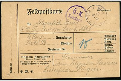 Ufrankeret feltpostkort stemplet Roagger d. 19.2.1917 til sønderjysk soldat i Hannover. Violet censurstempel: Ü.-K. Tondern.