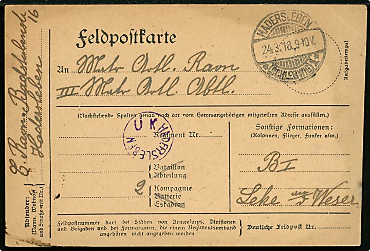 Ufrankeret feltpostbrev stemplet Hadersleben *(Schleswig)1* d. 24.3.1918 til sønderjysk marine artillerist i Lehe am Weser. Violet censurstempel Ü K Hadersleben.
