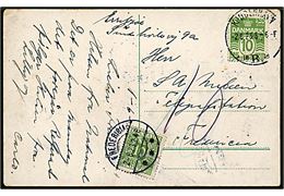 10 øre Bølgelinie med automatafskæring på underfrankeret brevkort fra Kjøbenhavn B. d. 2.6.1923 til Fredericia. Udtakseret i porto med 10 øre Portomærke stemplet Fredericia d. 2.6.1923-