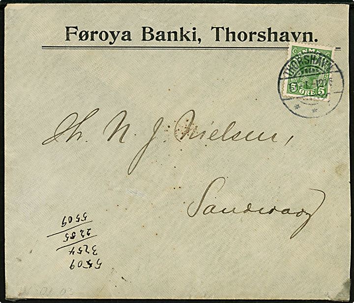 5 øre Chr. X single på brev fra Føroya Banki annulleret med brotype Ig Thorshavn d. 17.1.1916 til Sandevaag på Færøerne.