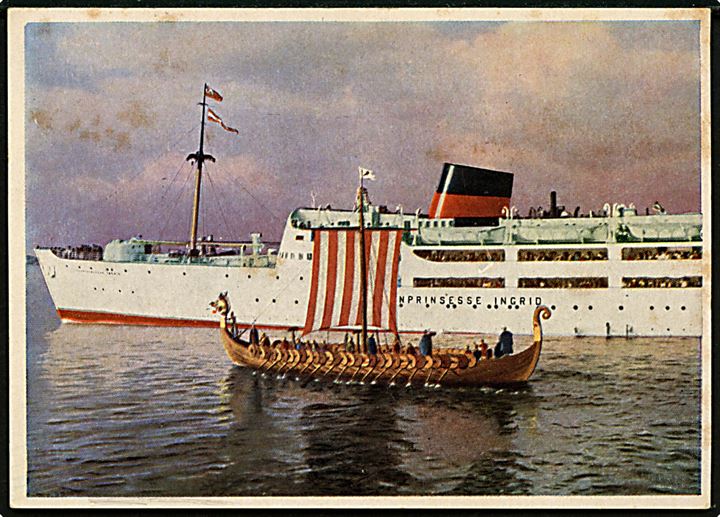 35 øre Fr. IX på brevkort (M/S Kronprinsesse Ingrid passerer vikingeskibet Hugin) dateret i Nordsøen og annulleret Esbjerg d. 20.9.1955 og sidestemplet Paquebot til Slagelse.