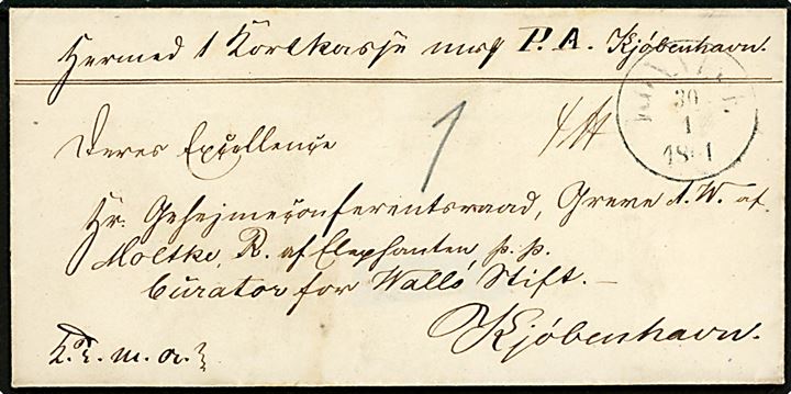 1861. Pakkefølgebrev for tjenestepakke mærket K.T.m.a. med antiqua Rønnede d. 3.1.1861 til Deres Excellence Hr. Gehejmeconferensraad, Greve A. W. af Molthe, Ridder af Elephanten p.p., Curator for Wallö Stift, Kjøbenhavn. Carl Moltke (1798-1866) blev ridder af Elefantordenen i 1848.