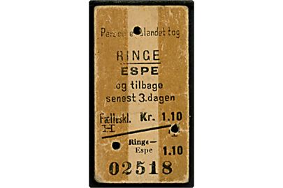 Togbillet. Ringe - Espe og tilbage senest 3. dagen. Fælleskl. kr. 1.10. Brugt 1953.
