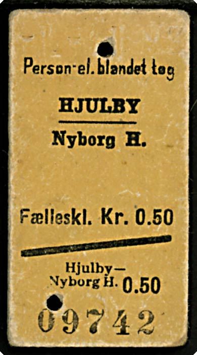 Togbillet. Hjulby - Nyborg H. Fælleskl. kr. 0.50. Brugt 1.4.1953.