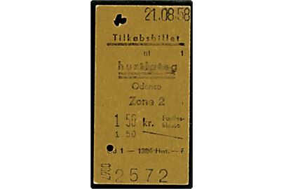 Togbillet. Tilkøbsbillet til Hurtigtog Odense 2 Zone. Fælleskl. 1,50 kr. Brugt d. 21.8.1958.