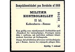 Dampskibsselskabet paa Bornholm af 1866. Militærkontrolbillet for rejse på II. kl. København - Rønne. På bagsiden stemplet 30.5.1938.