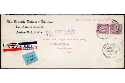 50 cents Arlington i parstykke på aflangt luftpostbrev mærket Via Atlantic Clipper Air Mail fra Durham d. 27.12.1939 til København, Danmark. 