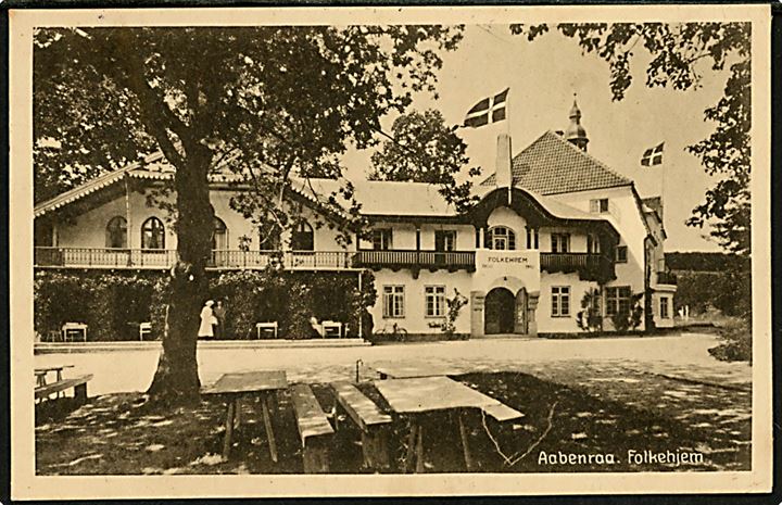 15 øre Chr. X på brevkort (Folkehjem, Aabenraa) annulleret med godt bureaustempel Aabenraa - Røde Kro T.1387 d. 5.9.1921 til Odense.