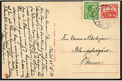 5 øre Chr. X og 10 øre Genforening på brevkort dateret Oksbøl på Als og annulleret med bureaustempel Sønderborg - Nørborg sn2 (?) T.68 d. 25.5.1921 til Odense. Svagt aftryk i højre side.