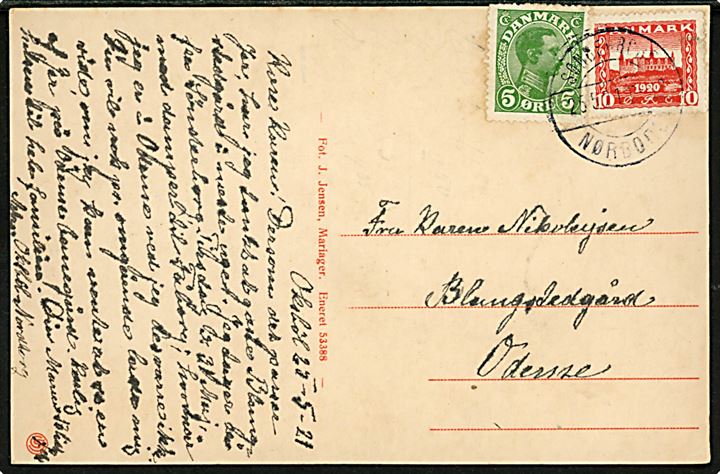 5 øre Chr. X og 10 øre Genforening på brevkort dateret Oksbøl på Als og annulleret med bureaustempel Sønderborg - Nørborg sn2 (?) T.68 d. 25.5.1921 til Odense. Svagt aftryk i højre side.
