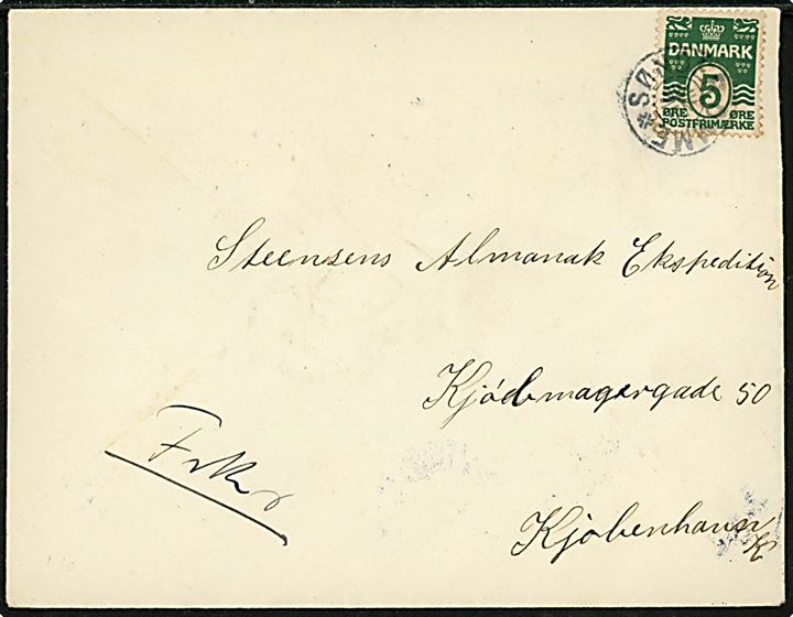 5 øre Bølgelinie på brev annulleret med stjernestempel SØNDER OMME til København. Ank.stempel i Kjøbenhavn d. 9.1.1914. Afs.-adresse bortklippet.